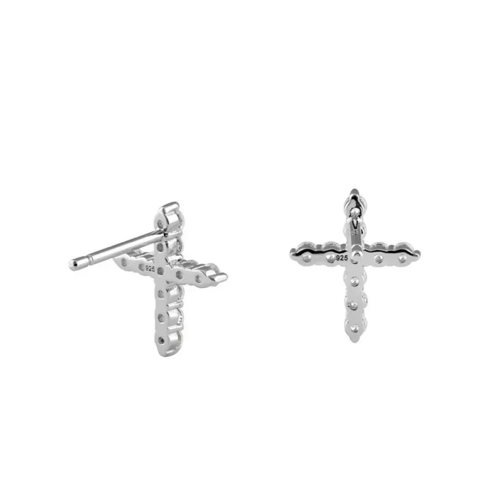 Dazzling Chic Solid Sterling Silver Cross CZ Stud Earrings New